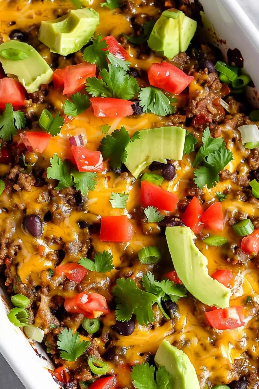 A vibrant casserole topped with melted cheese, fresh tomatoes, and sliced avocado, garnished with cilantro and green onions.