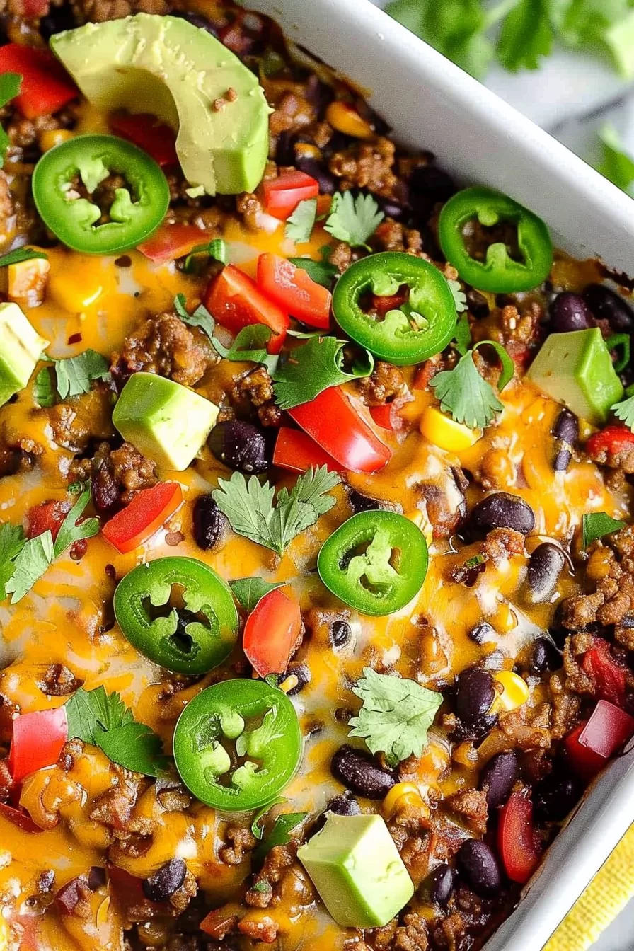 Close-up of a colorful burrito casserole showcasing layers of seasoned meat, beans, and melted cheddar cheese.