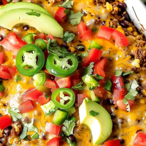 A baking dish filled with burrito casserole, adorned with jalapeño slices, diced tomatoes, and creamy avocado chunks.