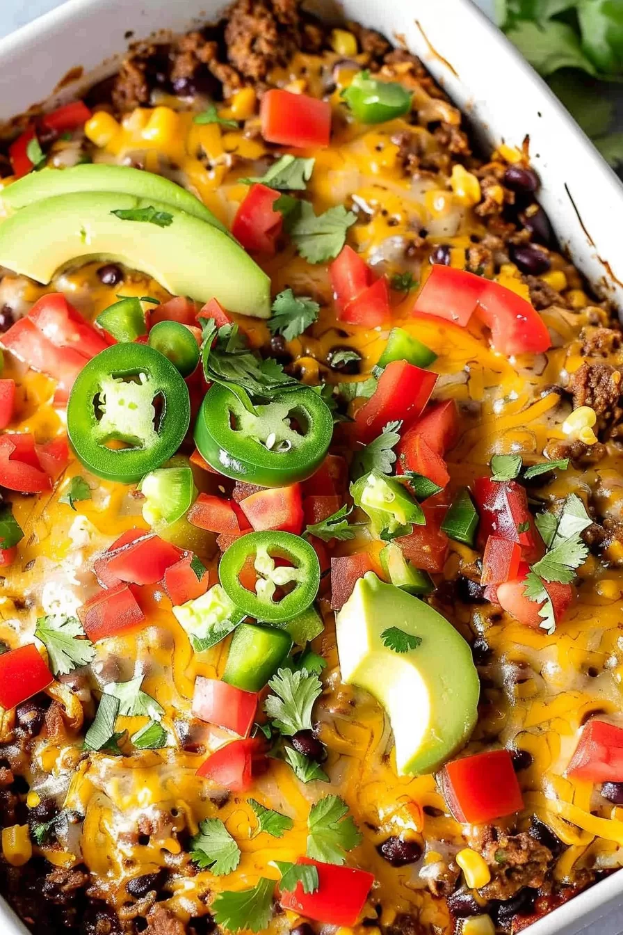 A baking dish filled with burrito casserole, adorned with jalapeño slices, diced tomatoes, and creamy avocado chunks.