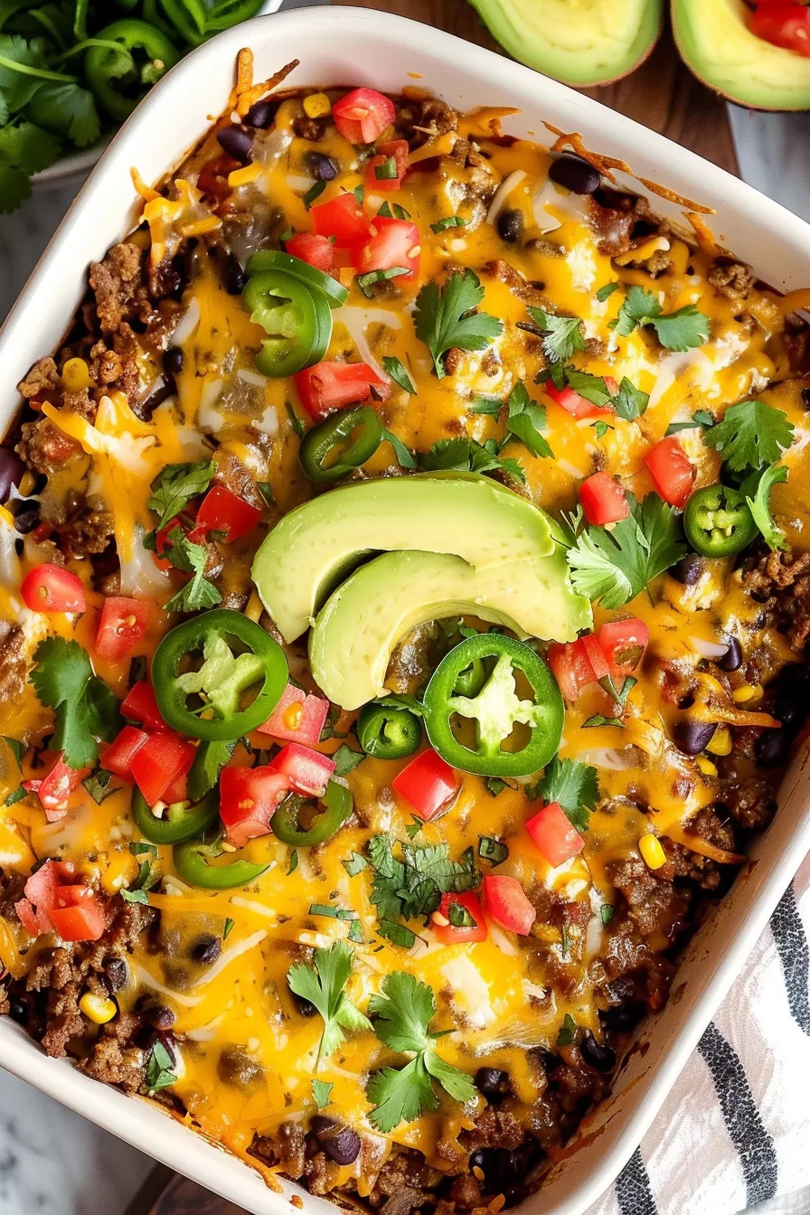 A hearty burrito casserole with golden melted cheese, bright red tomatoes, and fresh green cilantro leaves.