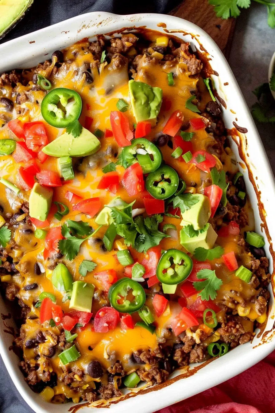 Top-down view of a burrito casserole garnished with sliced jalapeños, chopped green onions, and creamy avocado.