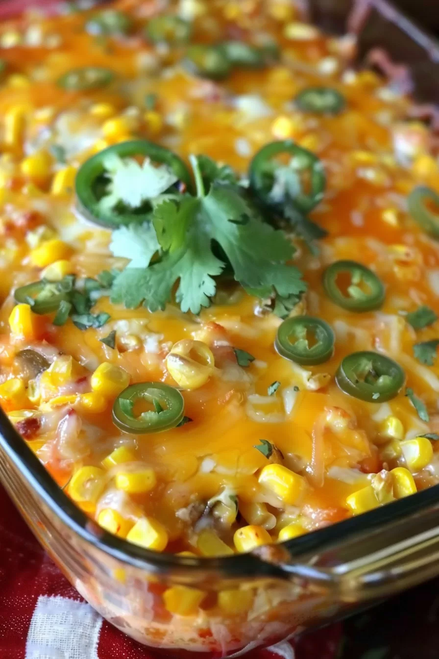 Close-up of a bubbly corn casserole topped with melted cheese, sliced jalapeños, and fresh cilantro in a glass baking dish.