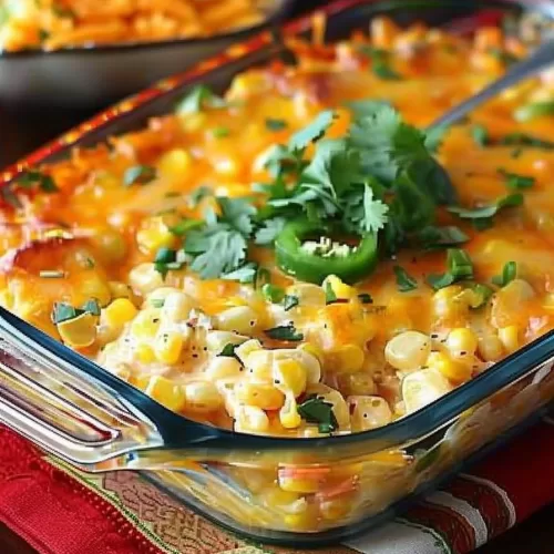 Cheesy corn casserole with jalapeño slices and fresh herbs in a glass dish, showing the creamy corn filling under the melted cheese.