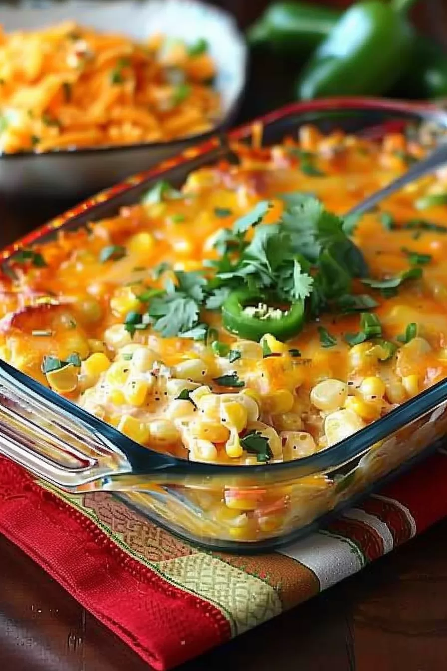 Cheesy corn casserole with jalapeño slices and fresh herbs in a glass dish, showing the creamy corn filling under the melted cheese.