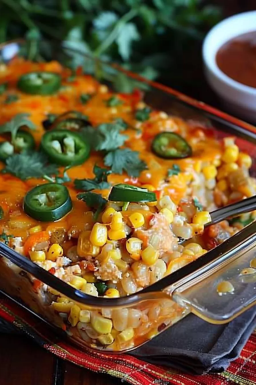 Corn casserole with melted cheese and colorful toppings including jalapeños and cilantro, ready to serve from a glass baking dish. 