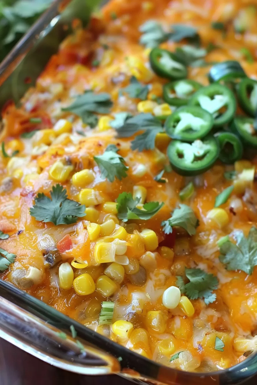 A freshly baked corn casserole topped with cheddar cheese, sliced jalapeños, and a sprinkle of cilantro, served warm from the oven.