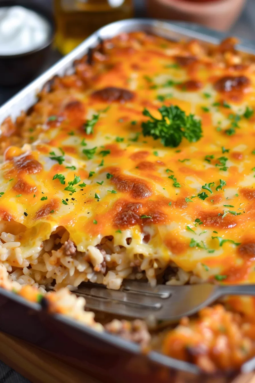 A golden, cheesy ground beef and rice casserole fresh from the oven, topped with melted cheddar and sprinkled with fresh parsley.