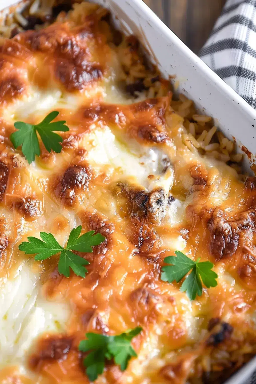 Close-up of a serving of ground beef and rice casserole with gooey melted cheese and a crispy top layer, garnished with green herbs.