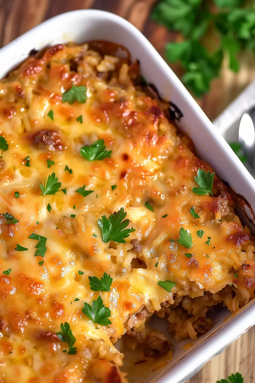 A casserole dish filled with beef and rice casserole, showing the bubbly, golden cheese topping and a fork scooping a generous portion.