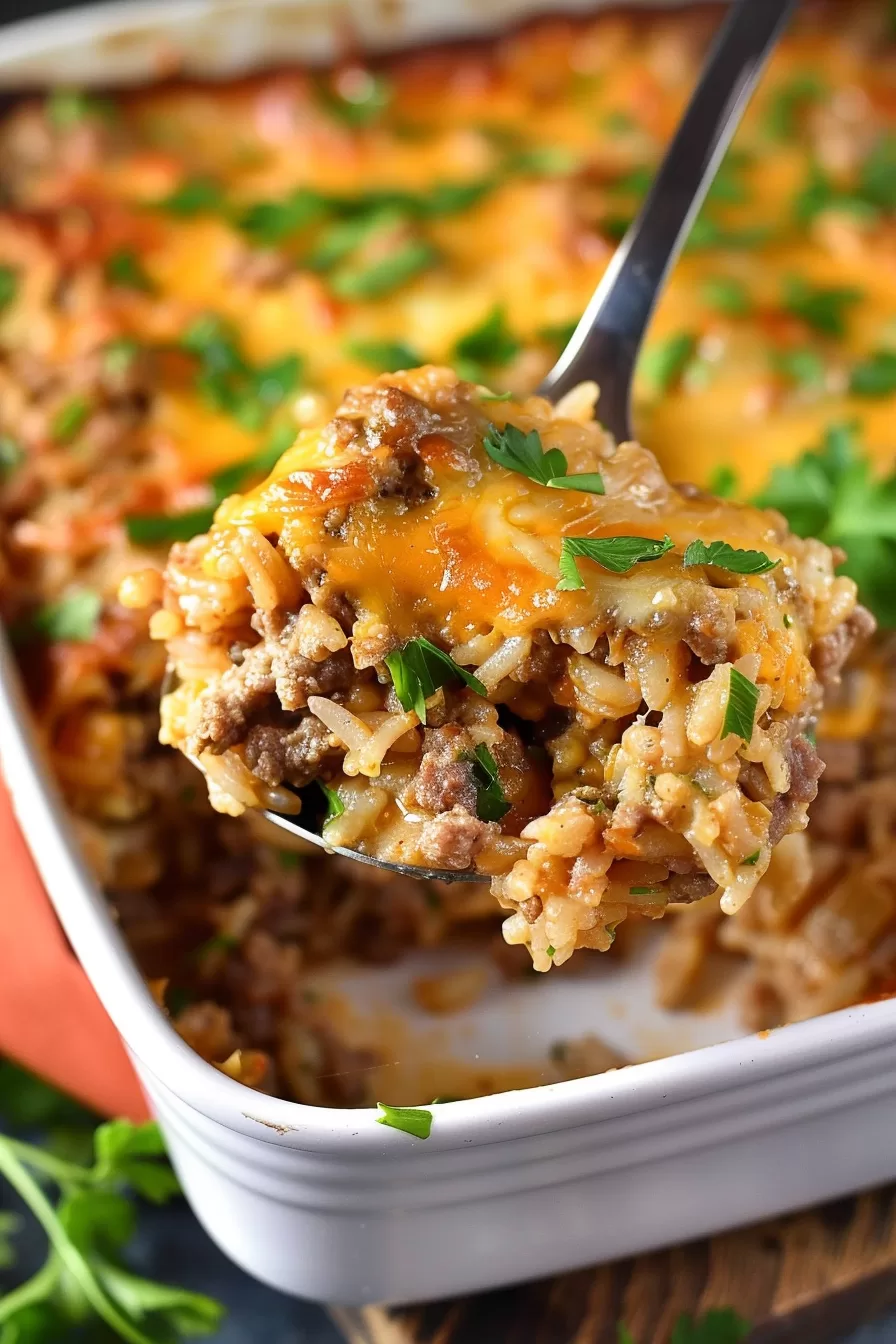 A hearty serving of cheesy ground beef and rice casserole on a spoon, with layers of seasoned beef, rice, and melted cheese visible.