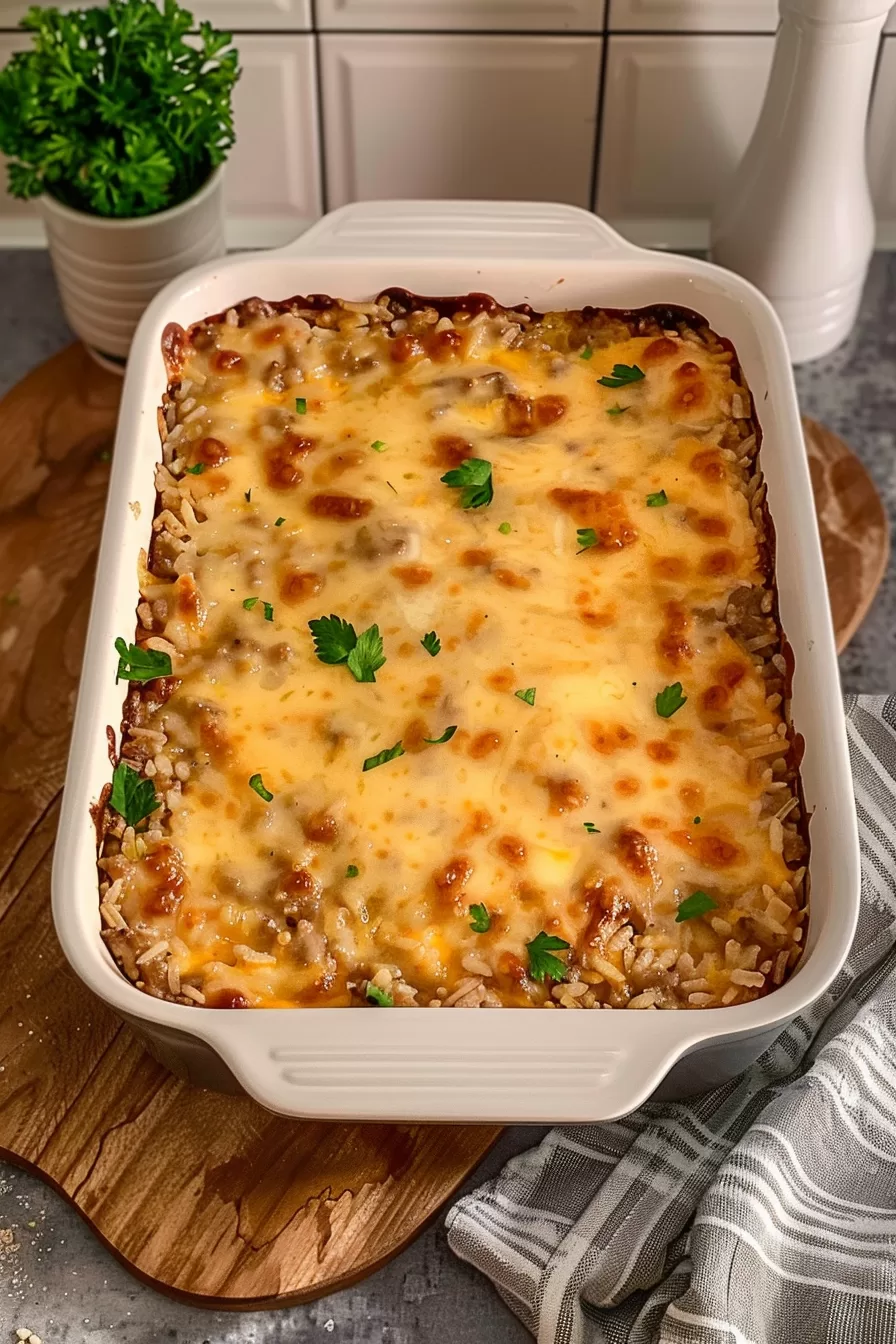 A baking dish of homemade cheesy ground beef and rice casserole with perfectly browned cheese, served on a wooden board.