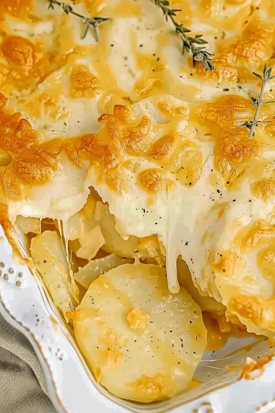 Close-up of cheesy scalloped potatoes with golden, bubbly cheese and thinly sliced potatoes, garnished with thyme.