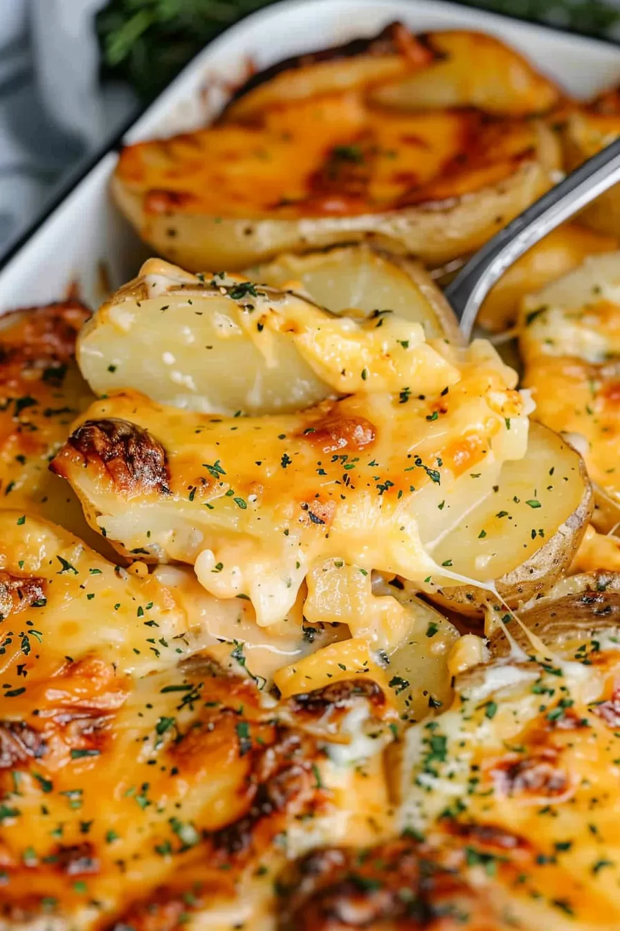 A spoonful of gooey, melted cheese covering perfectly cooked scalloped potatoes, lifted from a casserole dish.