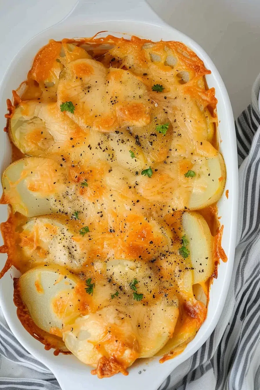 Top view of a freshly baked cheesy scalloped potato casserole with a crispy, golden cheese crust and herbs