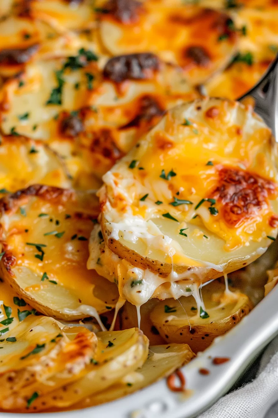 A casserole dish filled with cheesy scalloped potatoes, garnished with fresh parsley and melted cheese on top.