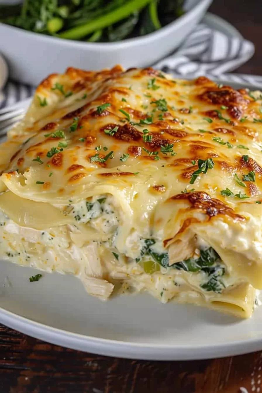 Close-up of a creamy chicken Alfredo lasagna slice with gooey melted cheese and fresh parsley garnish.