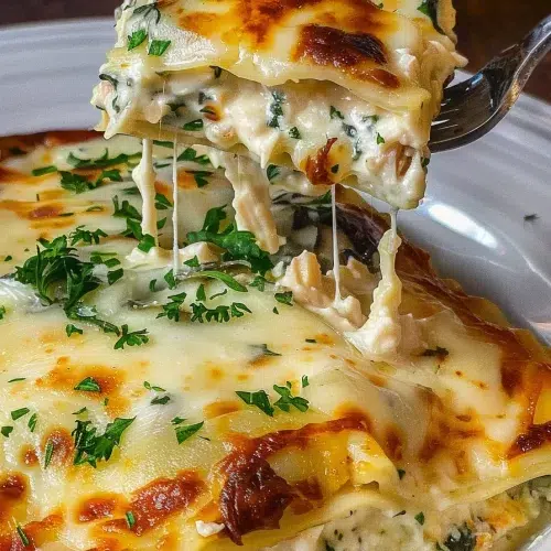 A fork lifting a cheesy slice of homemade chicken Alfredo lasagna from a white casserole dish.