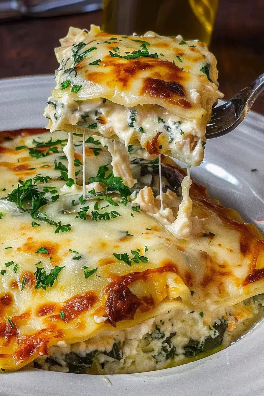 A fork lifting a cheesy slice of homemade chicken Alfredo lasagna from a white casserole dish.