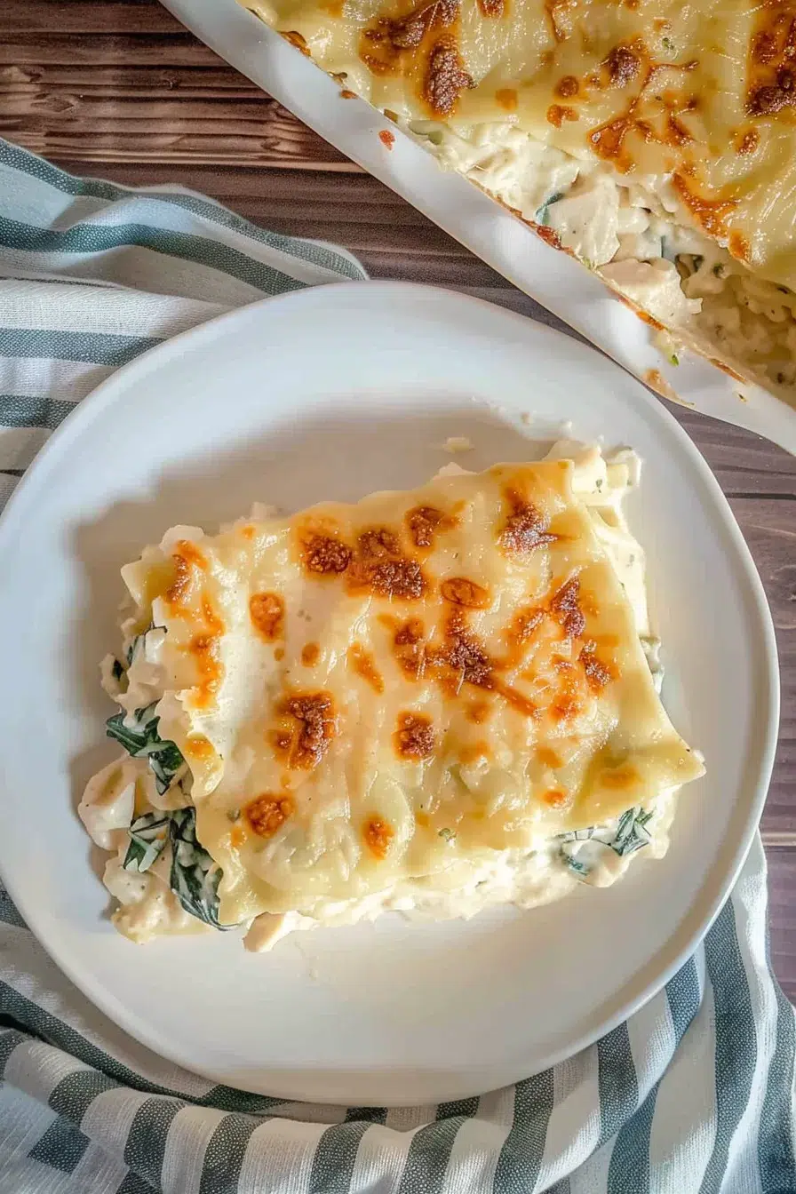 Golden brown, bubbly chicken Alfredo lasagna with layers of pasta, spinach, and chicken, served on a white plate.