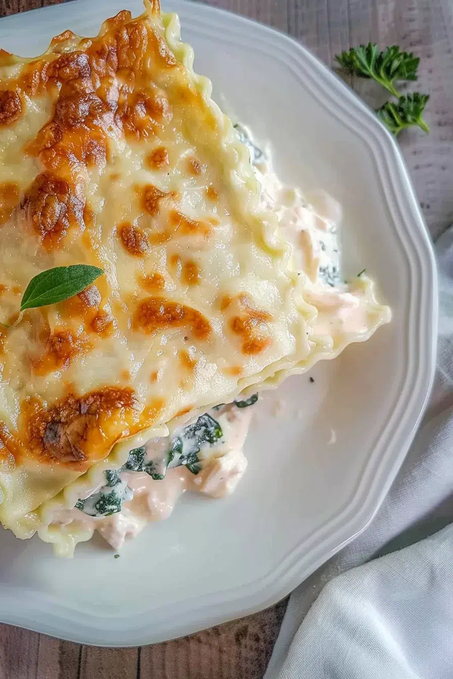 Top-down view of a fully baked chicken Alfredo lasagna with a creamy white sauce and golden cheese crust.