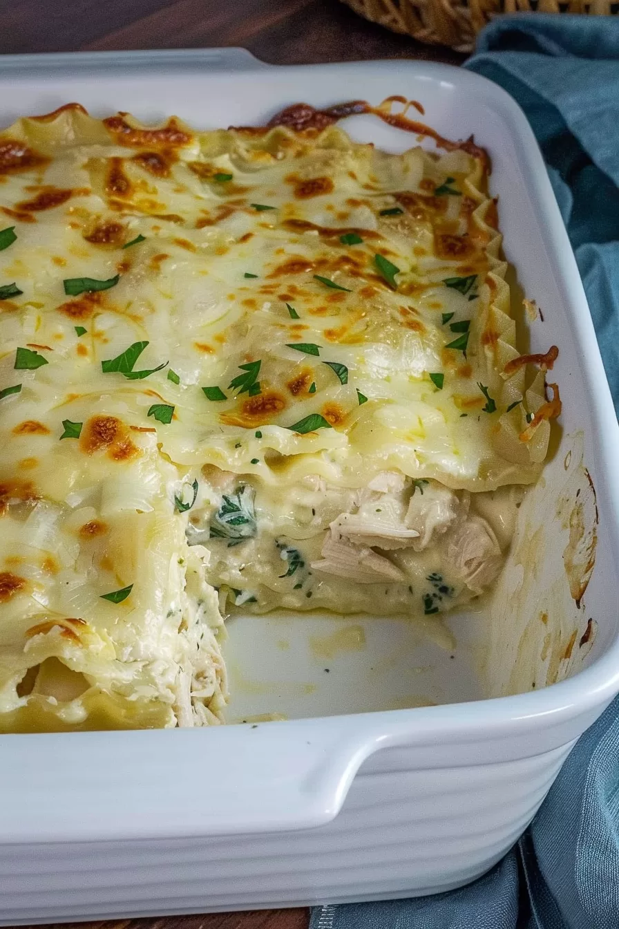 A serving dish with a partially sliced chicken Alfredo lasagna, showing layers of pasta, chicken, and spinach.