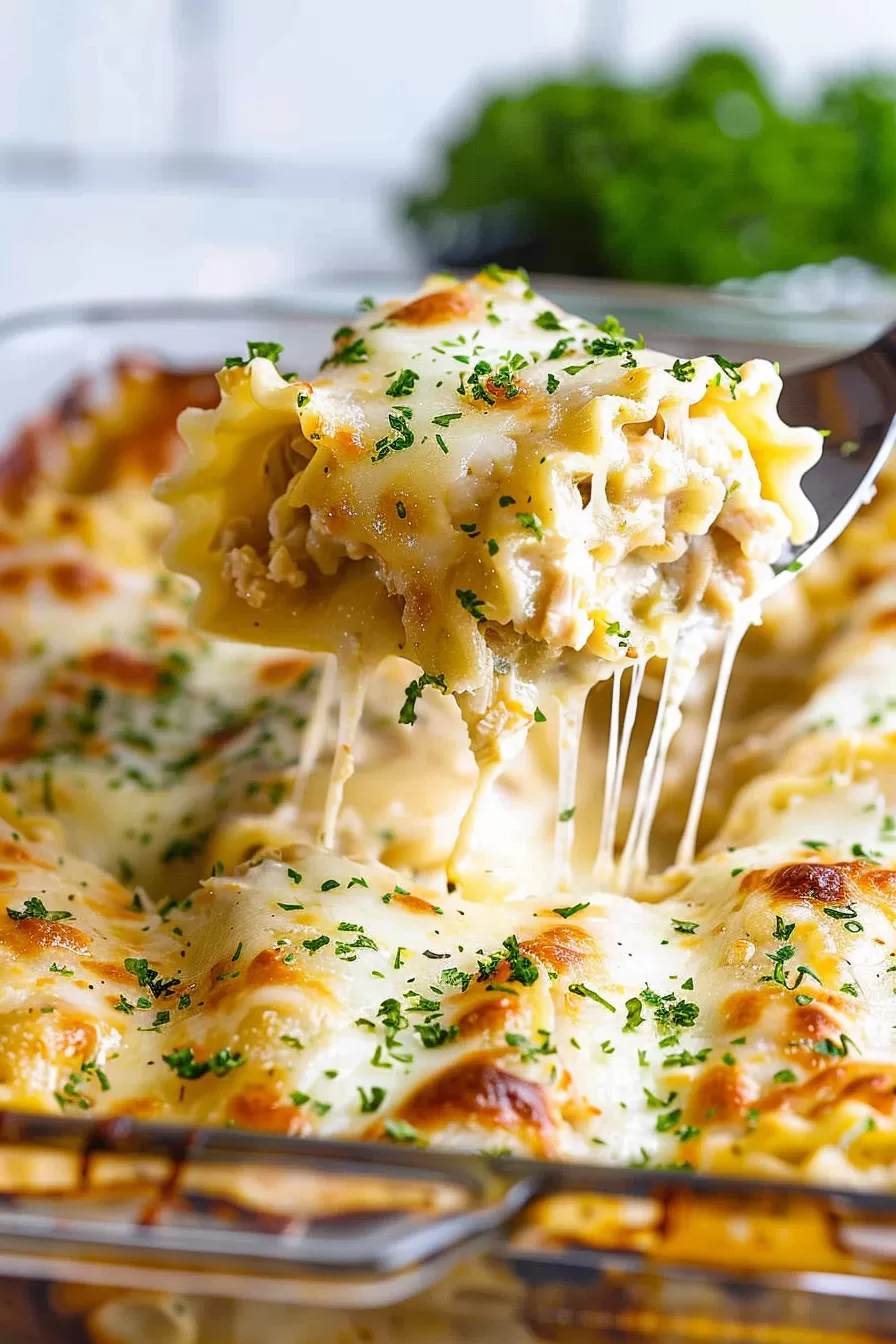 A close-up of a cheesy Chicken Alfredo lasagna roll-up being lifted from a baking dish, with gooey mozzarella stretching from the dish.