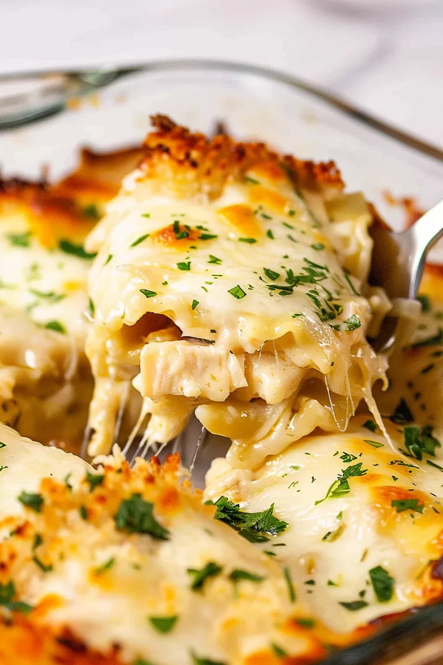 Golden, bubbly Chicken Alfredo lasagna roll-ups in a glass casserole dish, topped with freshly chopped parsley and melted cheese.