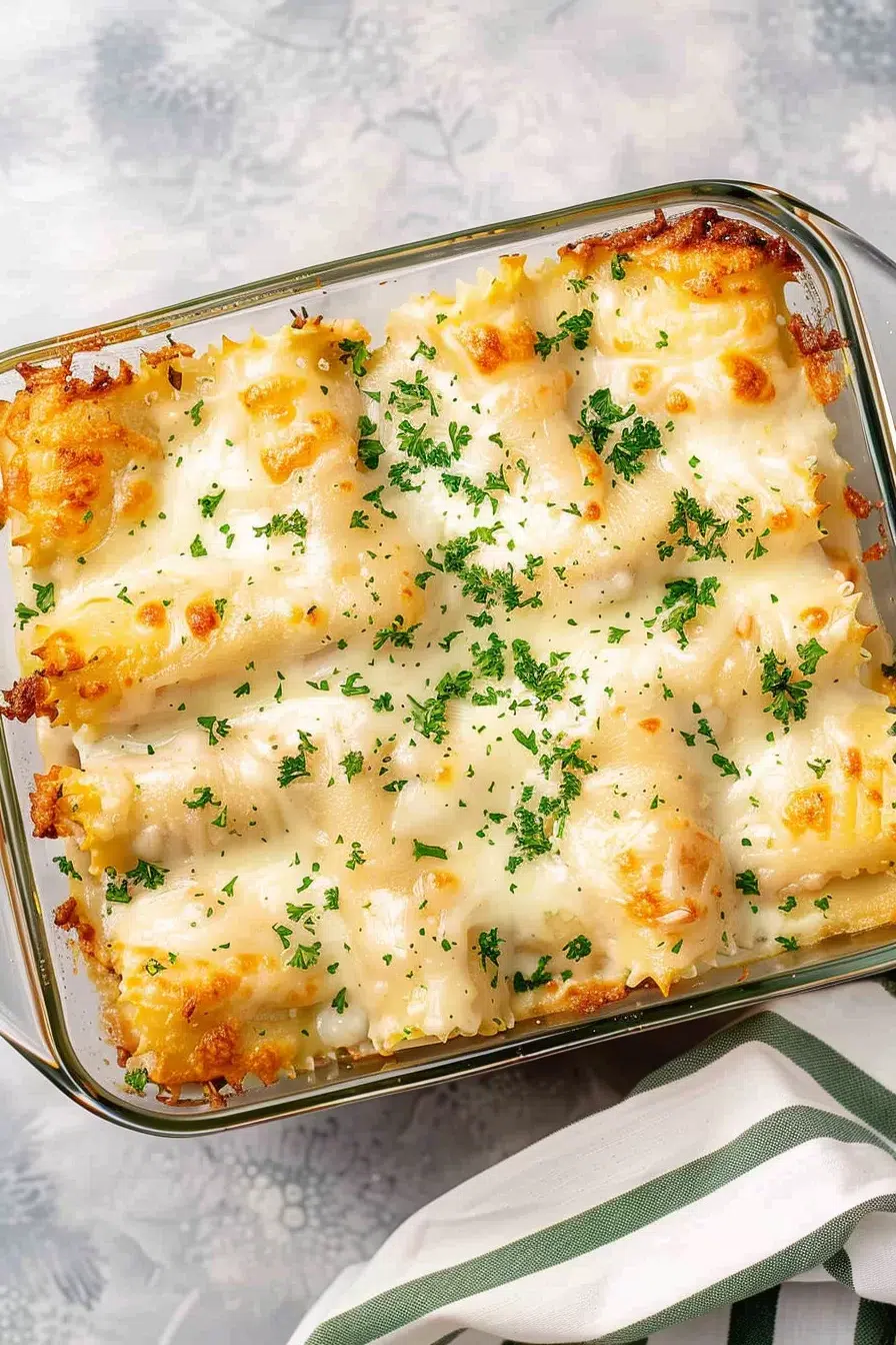 Freshly baked Chicken Alfredo lasagna roll-ups in a baking dish, with a golden-brown cheese crust and creamy Alfredo sauce visible between the layers.