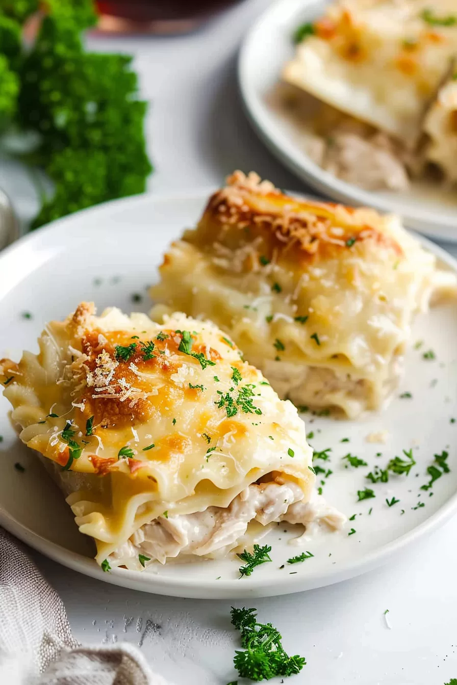 A plate with a single serving of Chicken Alfredo lasagna roll-up, garnished with parsley, showing creamy Alfredo sauce and shredded chicken filling.