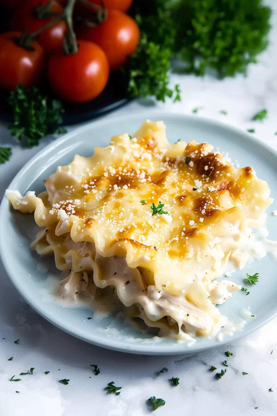 A dinner plate featuring a Chicken Alfredo lasagna roll-up with crispy, cheesy edges, topped with Parmesan and herbs, served next to a fresh salad.