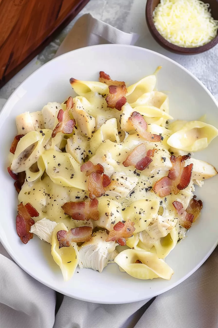 A plate of creamy pasta with tender chicken pieces, crispy bacon, and a ranch-flavored cheese sauce, garnished with cracked pepper.