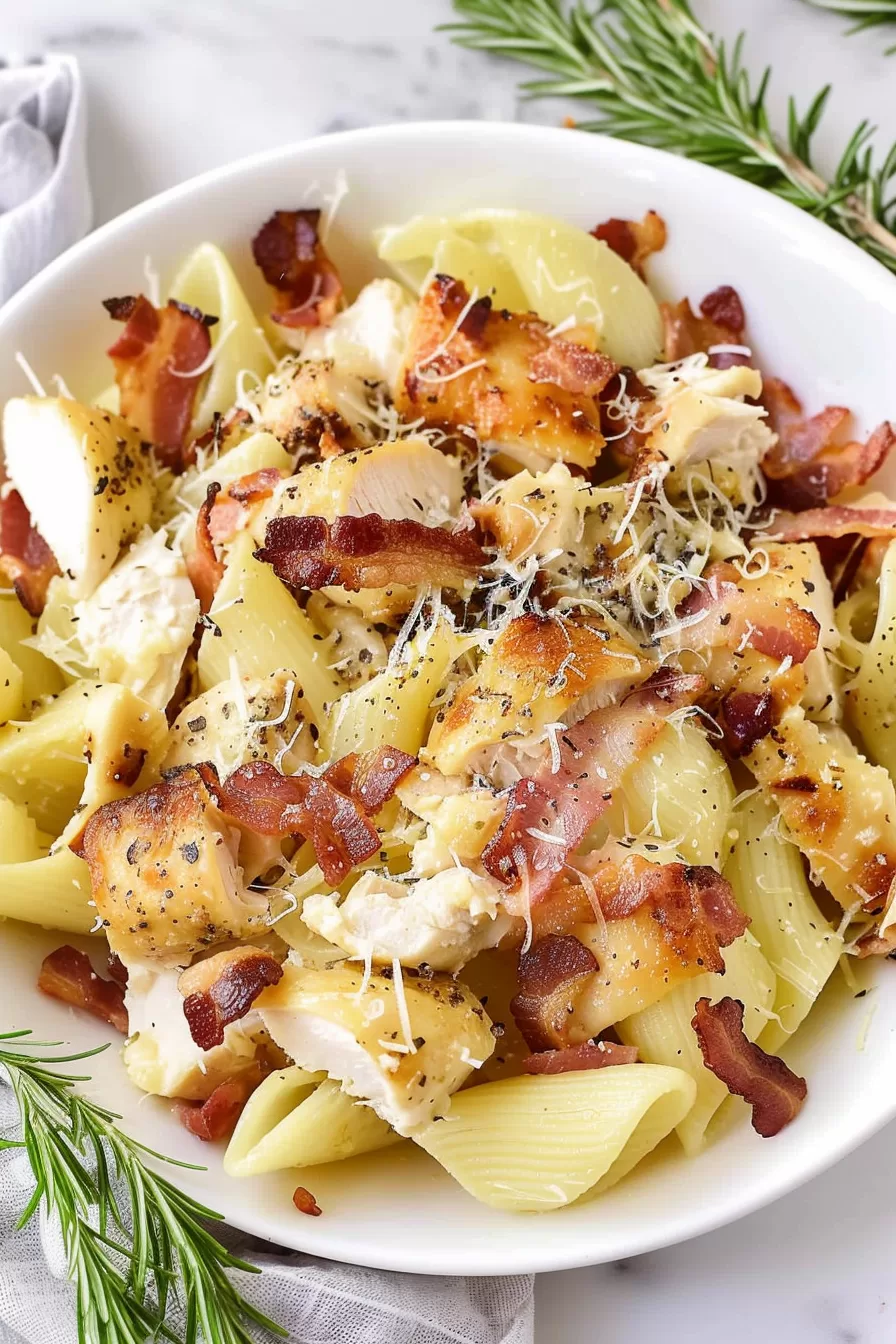 Close-up of cheesy ranch pasta with chicken and bacon, highlighting the creamy texture and crispy toppings.