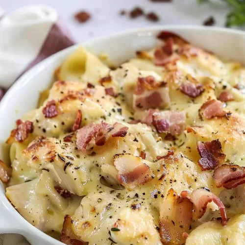 Serving dish filled with baked chicken bacon ranch casserole, fresh out of the oven, surrounded by fresh herbs.