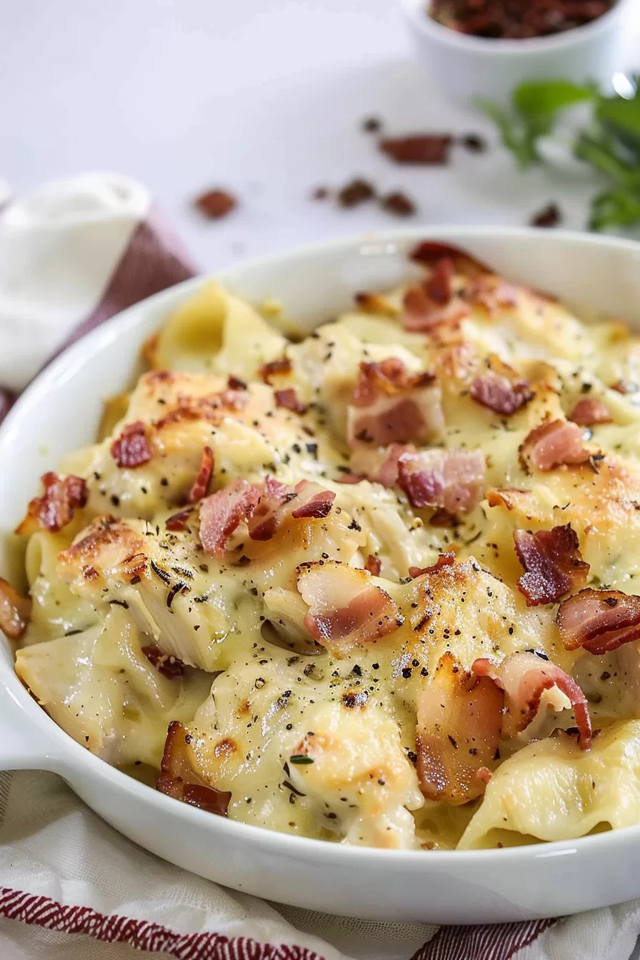 Serving dish filled with baked chicken bacon ranch casserole, fresh out of the oven, surrounded by fresh herbs.