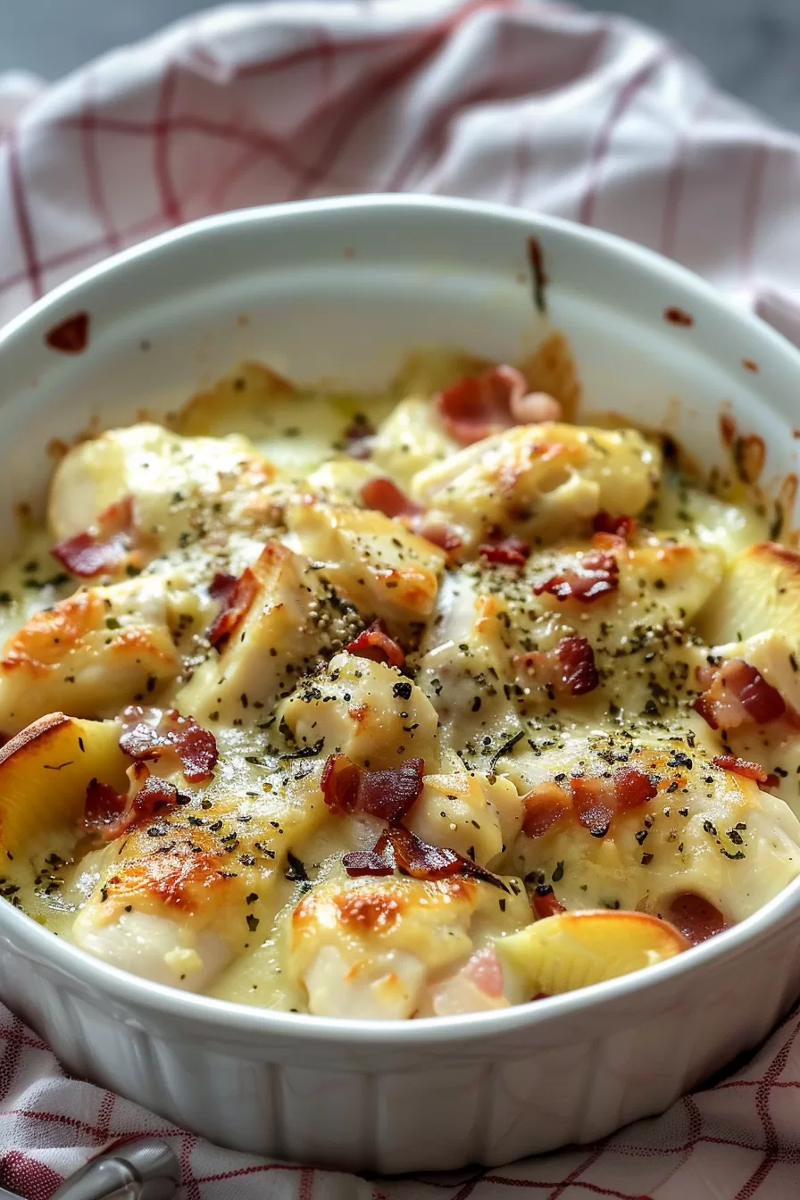 Bowl of hearty chicken bacon ranch casserole, with melted cheese and bacon scattered on top for a comforting meal.