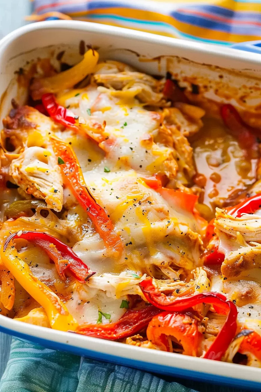 Close-up of a cheesy chicken fajita casserole with colorful bell peppers and melted cheese in a baking dish.