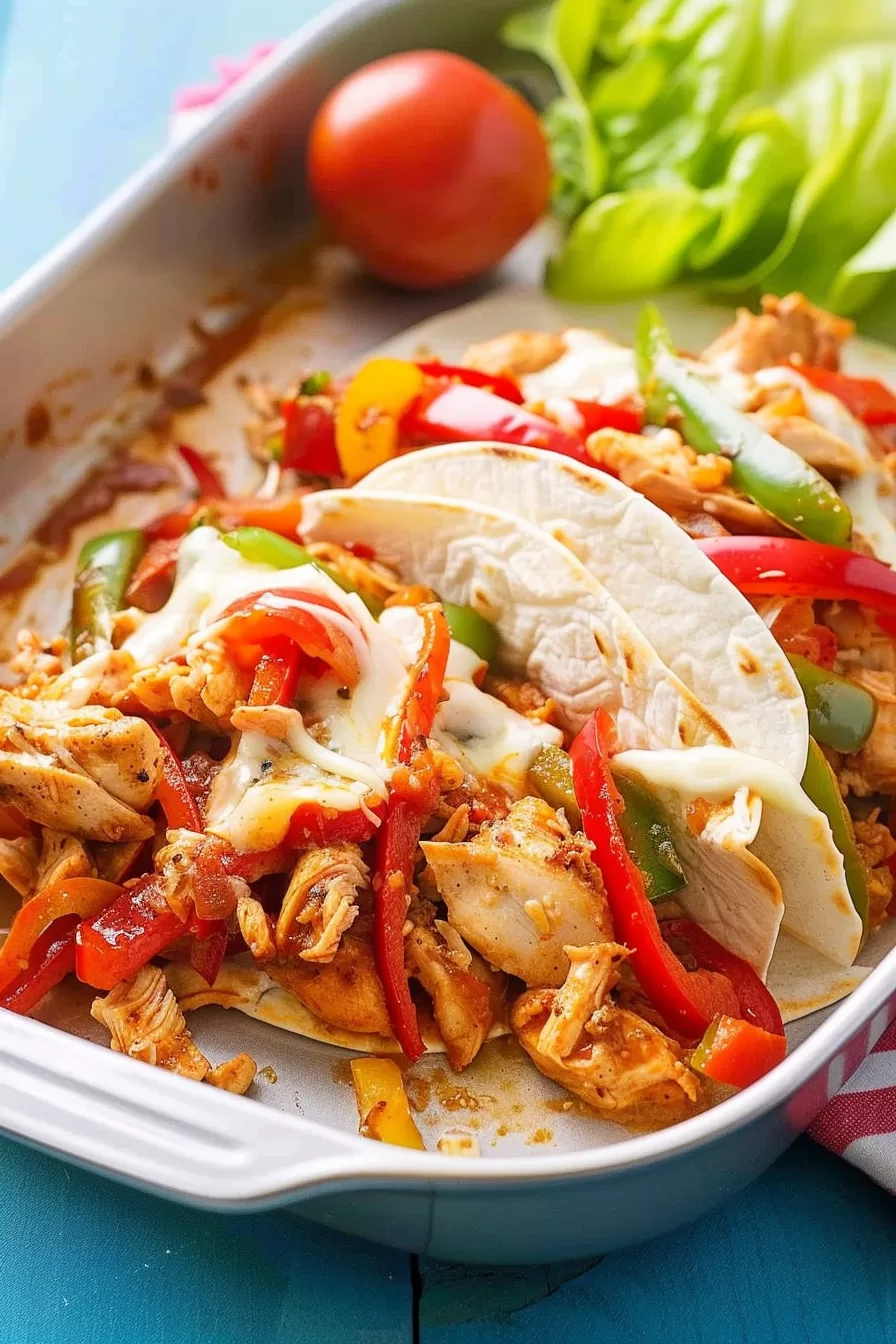 Chicken fajita casserole served in tortillas with melted cheese, shredded chicken, and sliced peppers on a blue table.