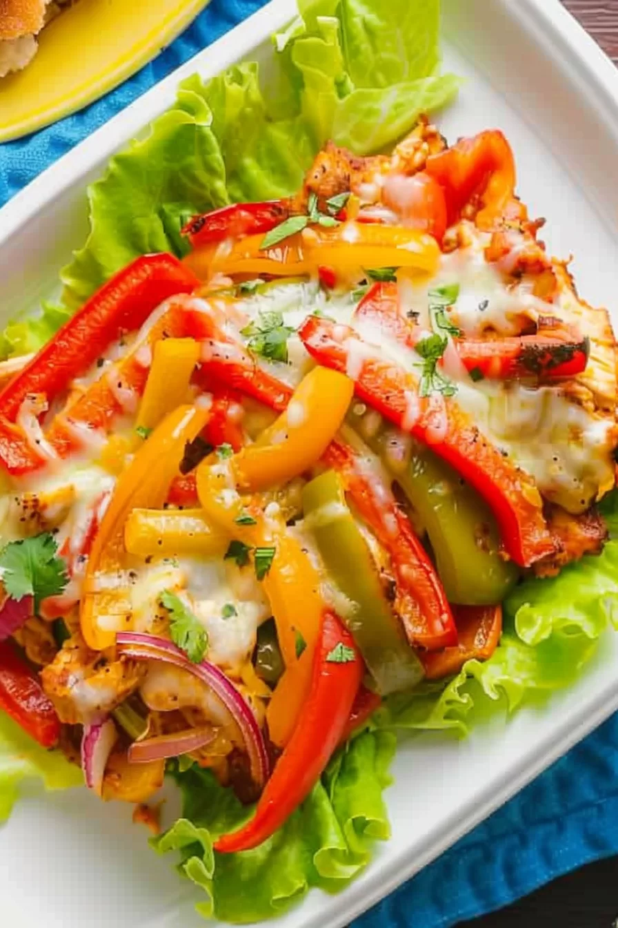 A plate of chicken fajita casserole served on lettuce leaves, topped with red, yellow, and green bell peppers and melted cheese.