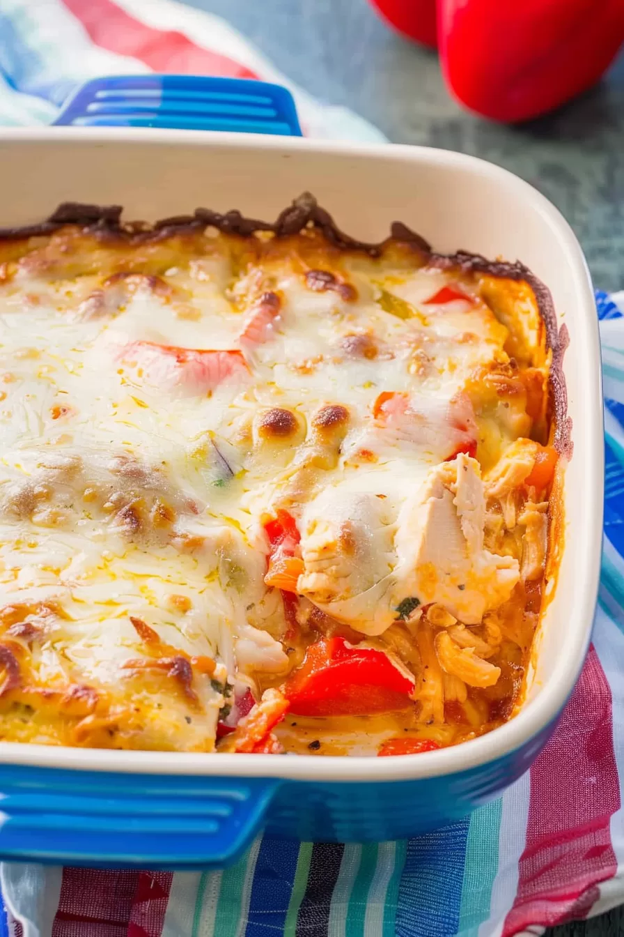 Freshly baked chicken fajita casserole with bubbly golden cheese and roasted peppers in a white and blue casserole dish.