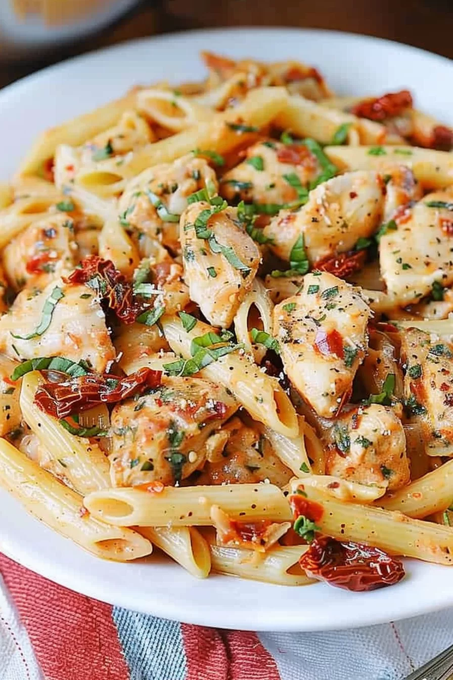 Close-up of creamy penne pasta with golden chicken pieces and sun-dried tomatoes, garnished with fresh basil.