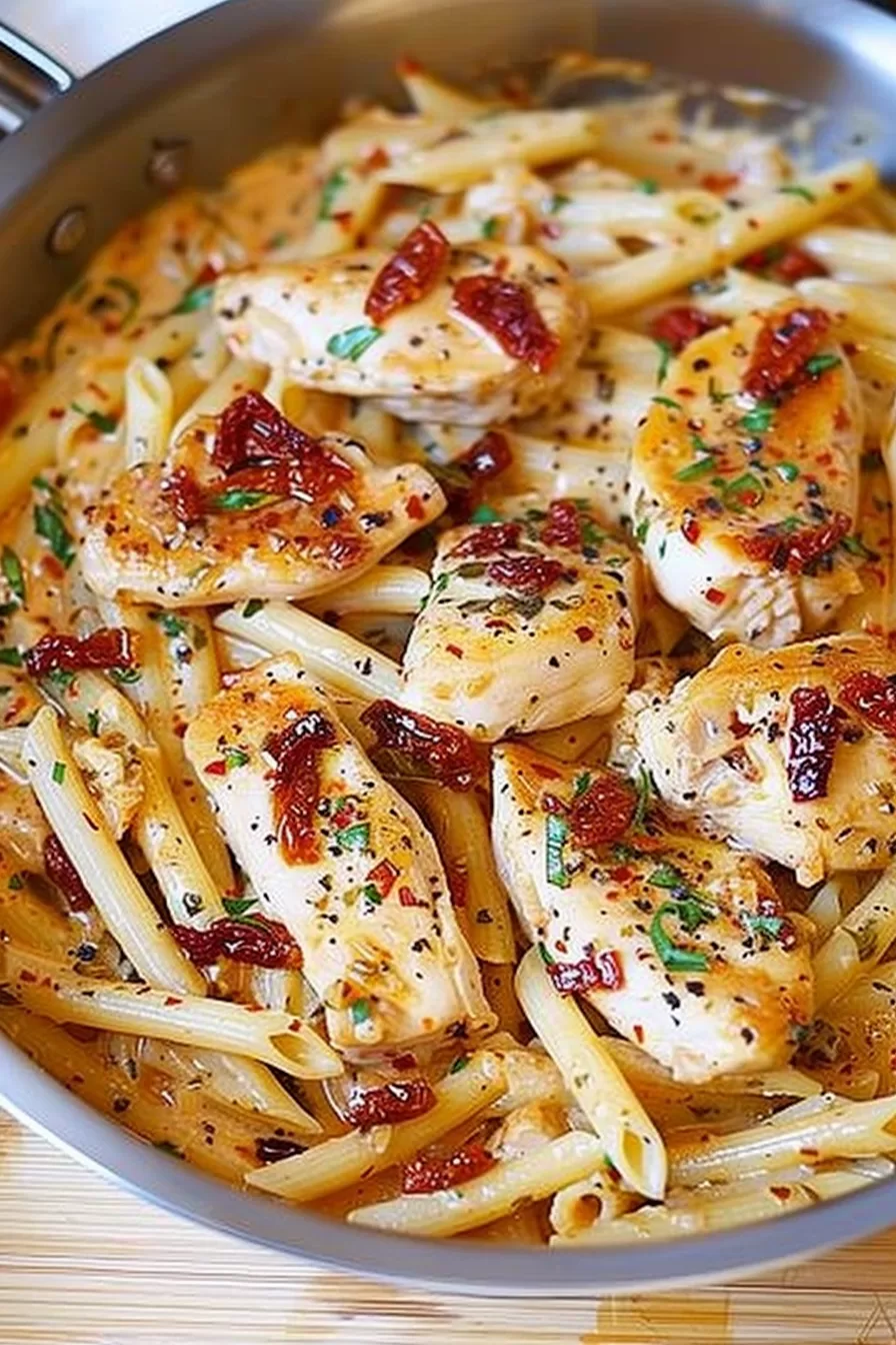 A skillet filled with chicken pasta in a mozzarella sauce, topped with sun-dried tomatoes and herbs.