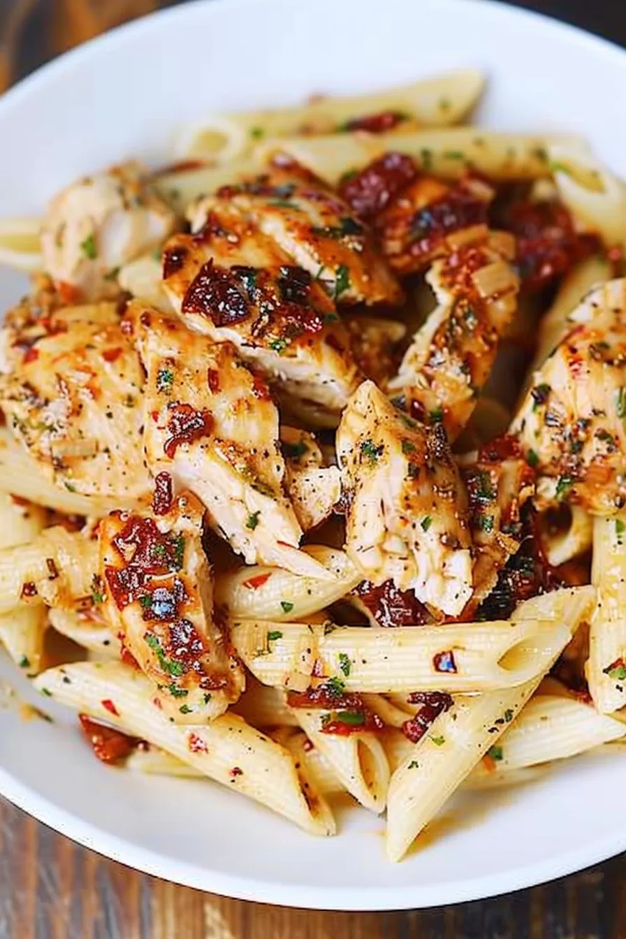 Plated chicken mozzarella pasta with chunks of chicken breast, sun-dried tomatoes, and parmesan cheese.