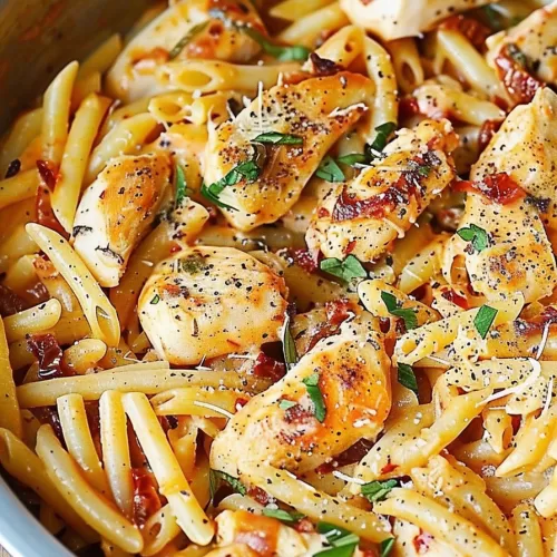 A bowl of creamy pasta with tender chicken, mozzarella sauce, and sun-dried tomatoes, served with a sprinkle of herbs.