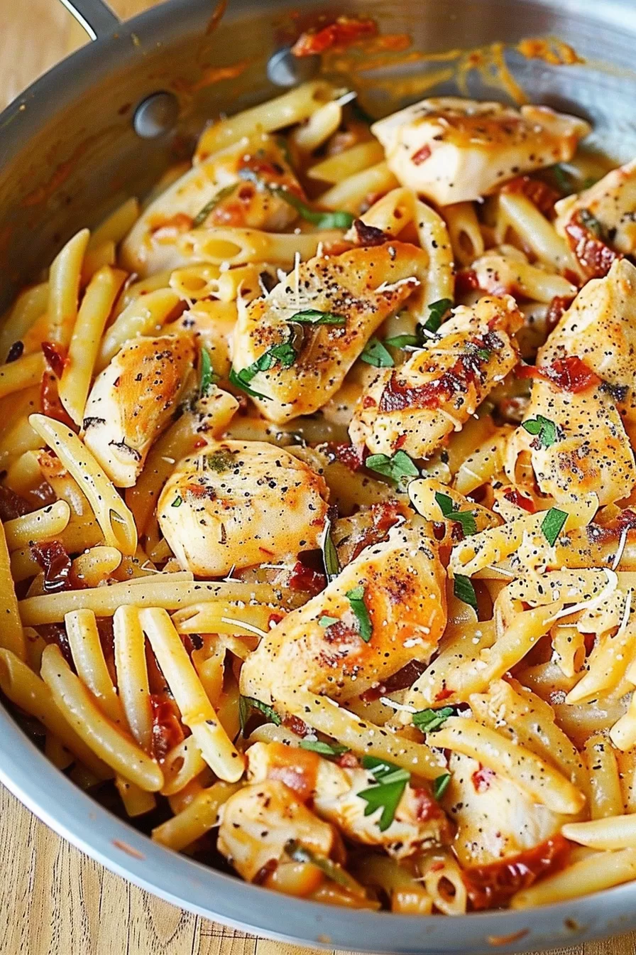 A bowl of creamy pasta with tender chicken, mozzarella sauce, and sun-dried tomatoes, served with a sprinkle of herbs.