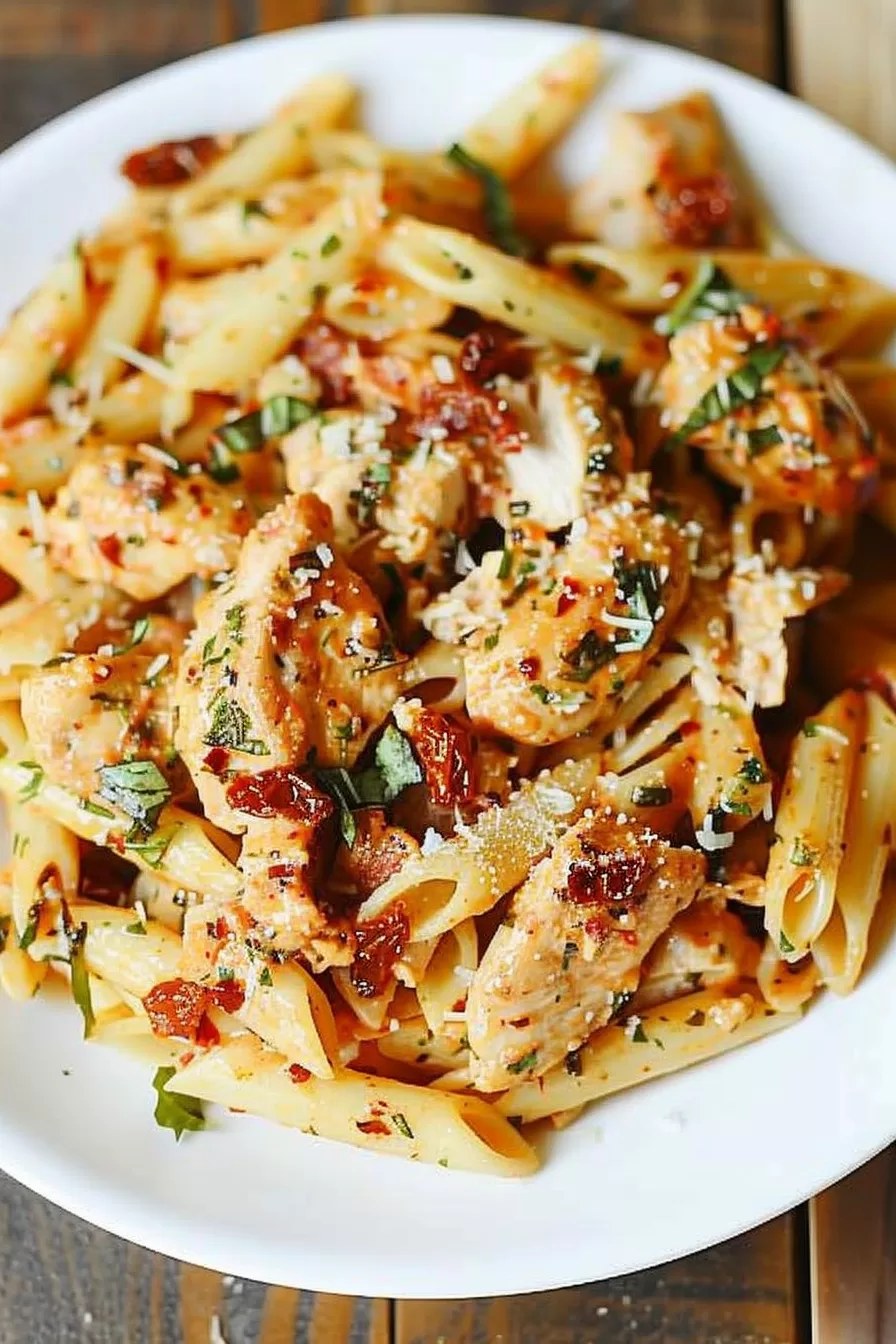 Overhead shot of pasta with seared chicken and sun-dried tomatoes in a rich mozzarella sauce, garnished with parsley.