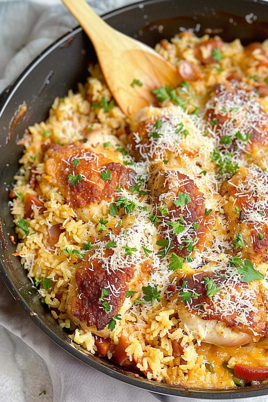 Golden brown chicken pieces served over creamy garlic parmesan rice, garnished with fresh herbs and parmesan shavings.