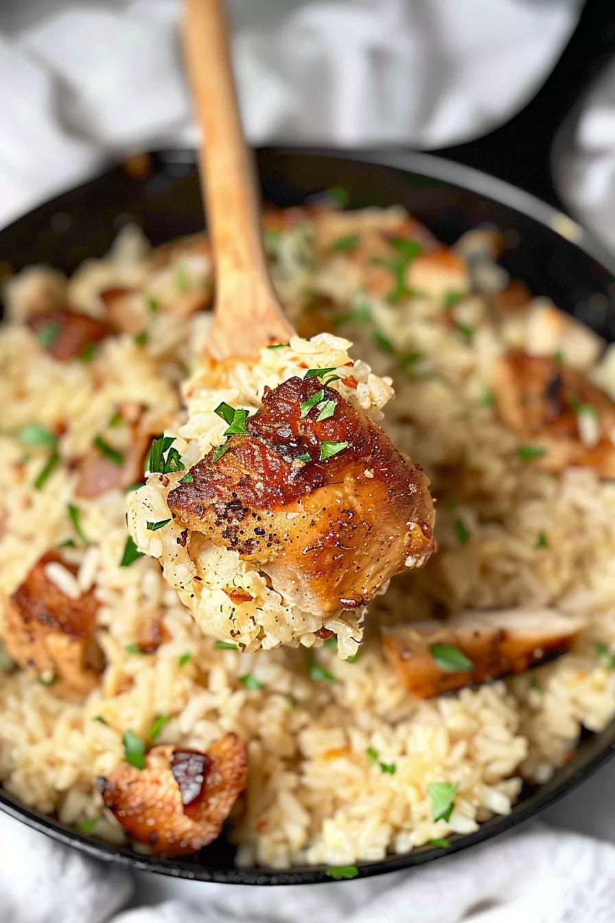 A spoon lifting a tender piece of garlic-seasoned chicken from a skillet filled with cheesy rice, highlighting the texture and colors.