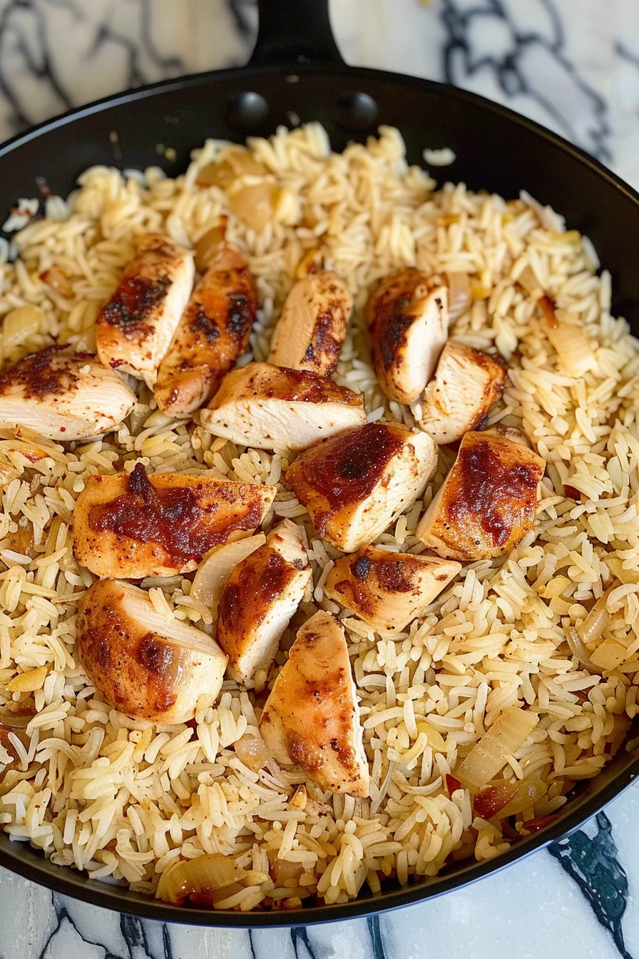 Close-up of a skillet with seared chicken and fluffy parmesan-infused rice, topped with parsley for a vibrant finish.