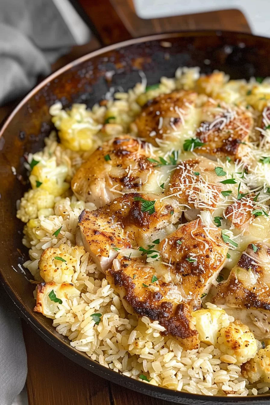 Pan-seared chicken resting atop a bed of parmesan rice, with a sprinkle of fresh parsley and a golden crust visible on the chicken.